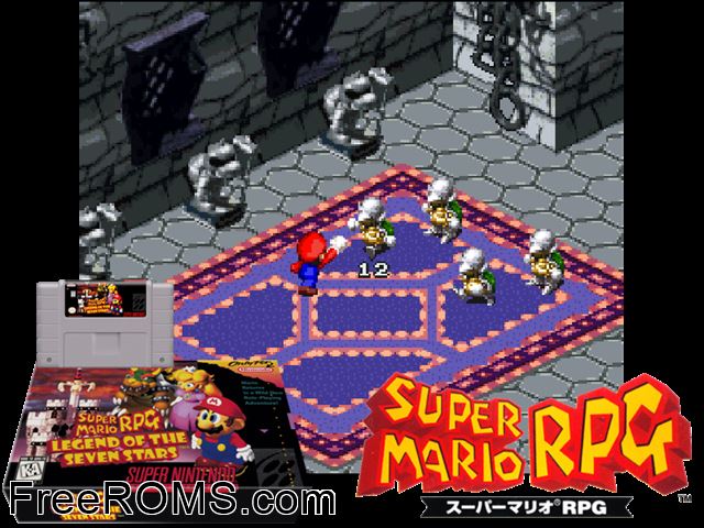 Super Mario RPG Legend of the Seven Stars SNES game showing 3D box cover and gameplay screenshot