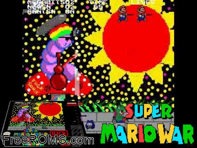 Super Mario War HOL SNES game showing 3D box cover and gameplay screenshot