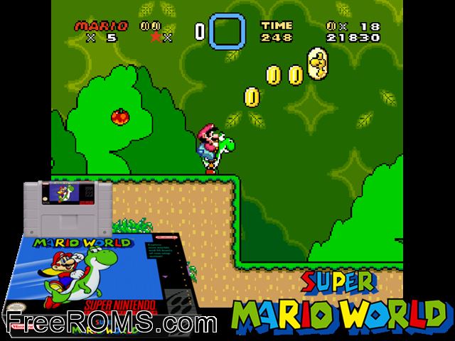 Super Mario World SNES game showing 3D box cover and gameplay screenshot