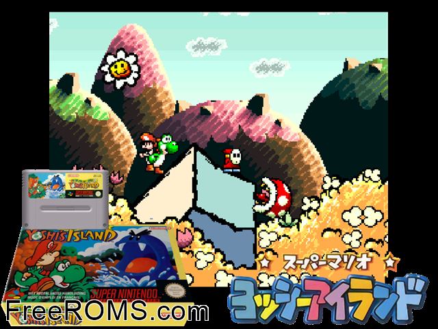 Super Mario World 2 Yoshi's Island SNES game showing 3D box cover and gameplay screenshot