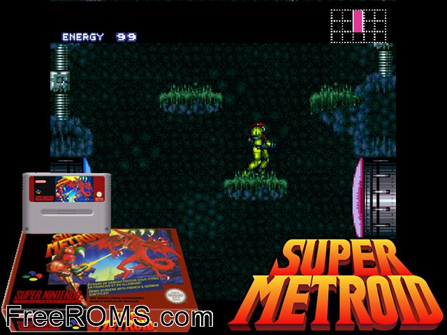 Super Metroid SNES game showing 3D box cover and gameplay screenshot