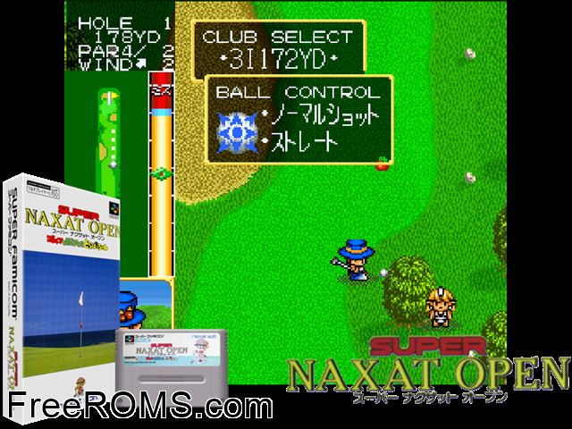 Super Naxat Open - Golf de Shoubu da! Dorabocchan SNES game showing 3D box cover and gameplay screenshot