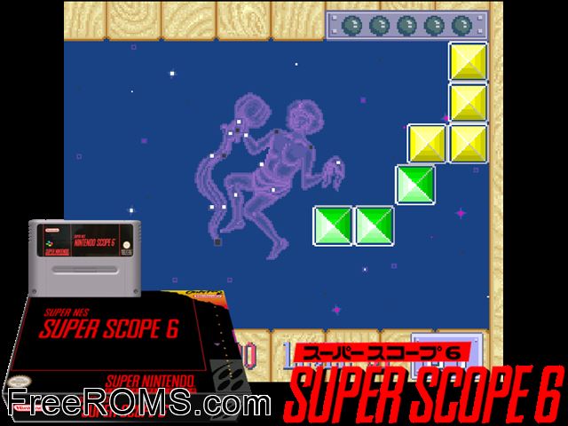 Super NES Super Scope 6 SNES game showing 3D box cover and gameplay screenshot