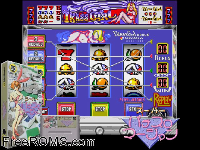 Super Pachi-Slot Mahjong SNES game showing 3D box cover and gameplay screenshot