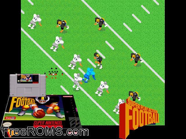 Super Play Action Football SNES game showing 3D box cover and gameplay screenshot