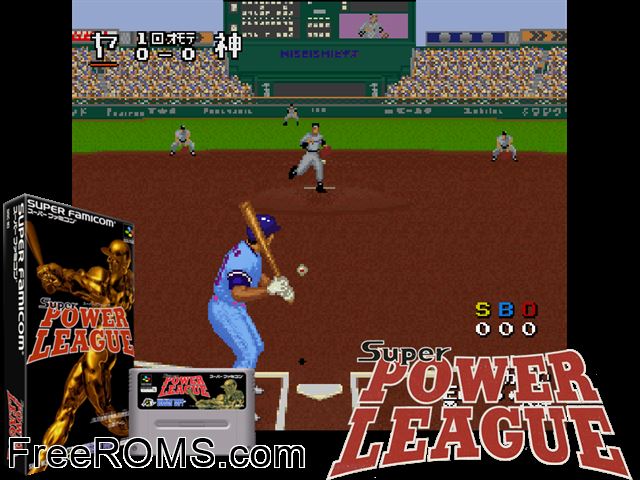 Super Power League SNES game showing 3D box cover and gameplay screenshot