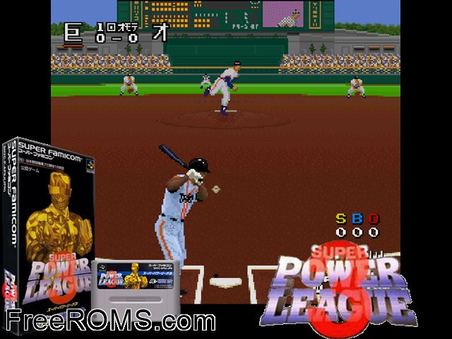 Super Power League 3 SNES game showing 3D box cover and gameplay screenshot