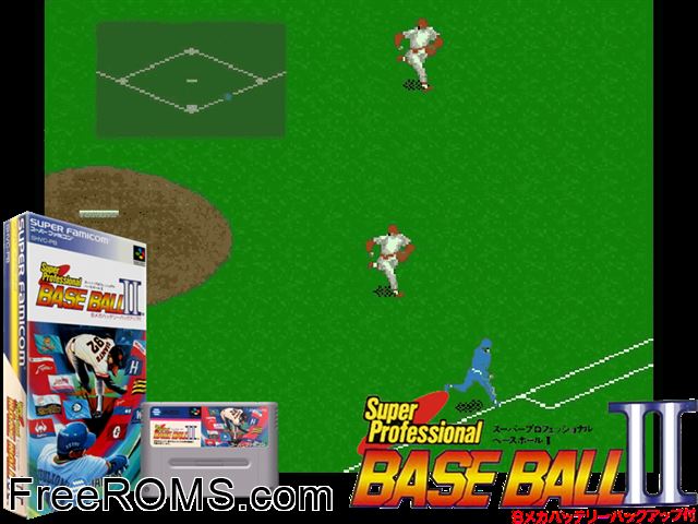 Super Professional Baseball II SNES game showing 3D box cover and gameplay screenshot