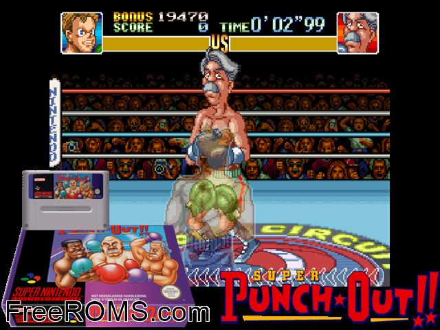 Super Punch-Out!! SNES game showing 3D box cover and gameplay screenshot