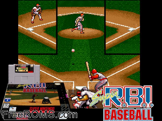 Super R.B.I. Baseball SNES game showing 3D box cover and gameplay screenshot