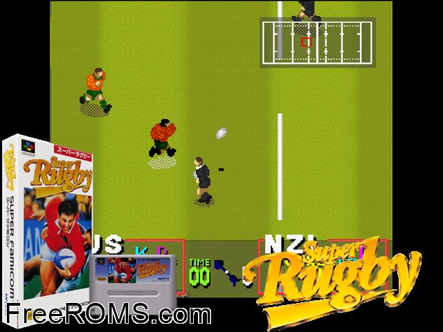 Super Rugby SNES game showing 3D box cover and gameplay screenshot