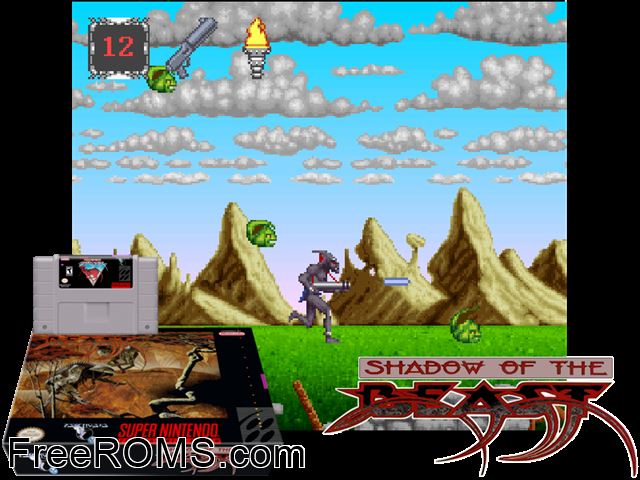 Super Shadow of the Beast SNES game showing 3D box cover and gameplay screenshot