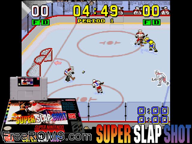 Super Slapshot SNES game showing 3D box cover and gameplay screenshot