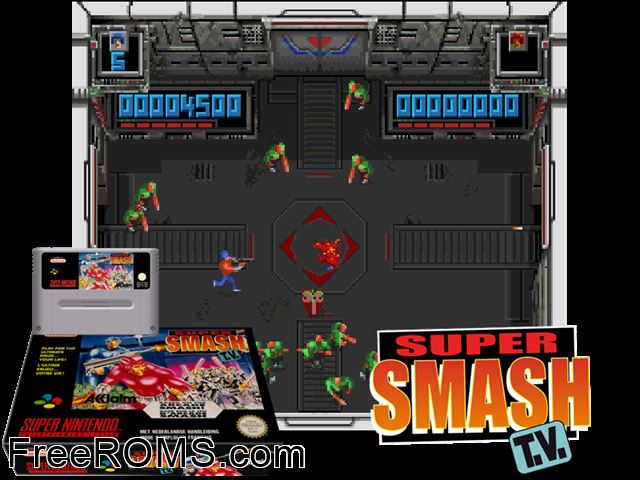 Super Smash T.V. SNES game showing 3D box cover and gameplay screenshot