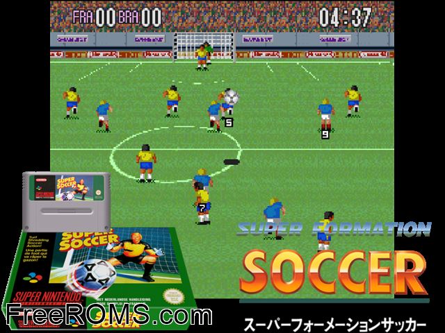 Super Soccer SNES game showing 3D box cover and gameplay screenshot