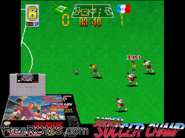 Super Soccer Champ SNES game showing 3D box cover and gameplay screenshot