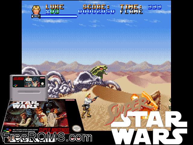 Super Star Wars SNES game showing 3D box cover and gameplay screenshot
