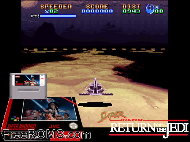 Super Star Wars - Return of the Jedi SNES game showing 3D box cover and gameplay screenshot