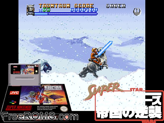 Super Star Wars - The Empire Strikes Back SNES game showing 3D box cover and gameplay screenshot