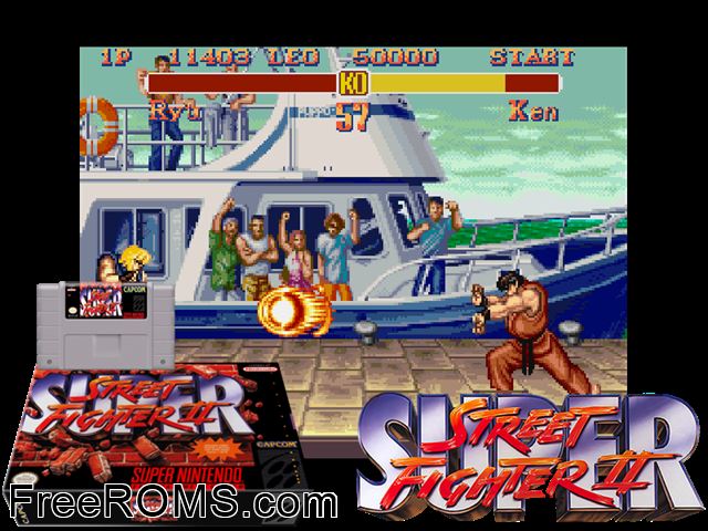Super Street Fighter II - The New Challengers SNES game showing 3D box cover and gameplay screenshot