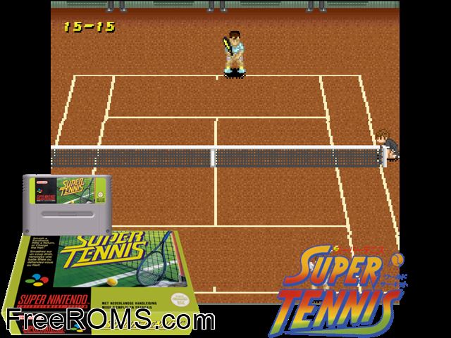 Super Tennis SNES game showing 3D box cover and gameplay screenshot