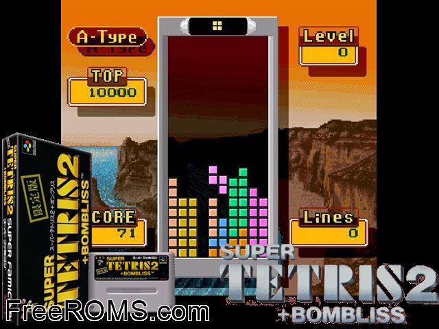 Super Tetris 2 + Bombliss SNES game showing 3D box cover and gameplay screenshot