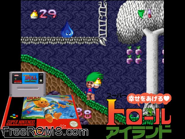 Super Troll Islands SNES game showing 3D box cover and gameplay screenshot
