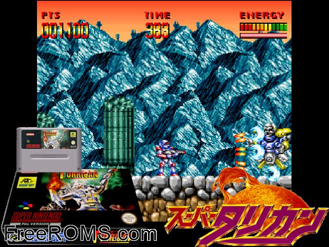 Super Turrican SNES game showing 3D box cover and gameplay screenshot