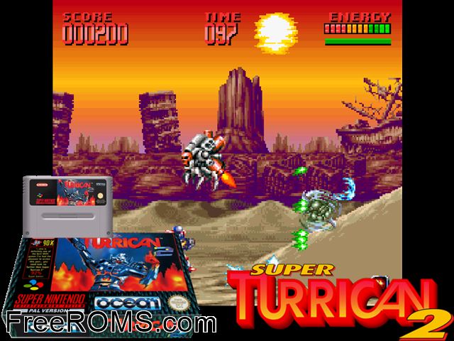 Super Turrican 2 SNES game showing 3D box cover and gameplay screenshot