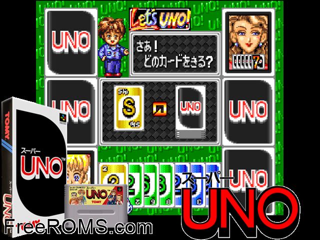 Super Uno SNES game showing 3D box cover and gameplay screenshot