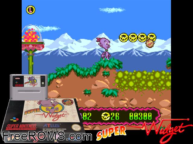 Super Widget SNES game showing 3D box cover and gameplay screenshot