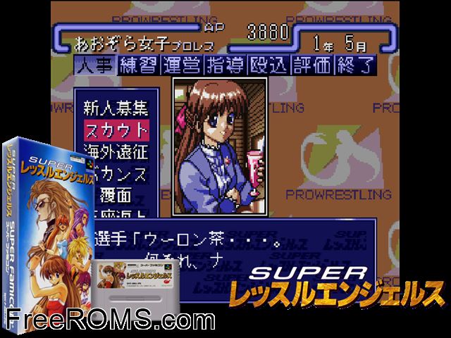 Super Wrestle Angels SNES game showing 3D box cover and gameplay screenshot