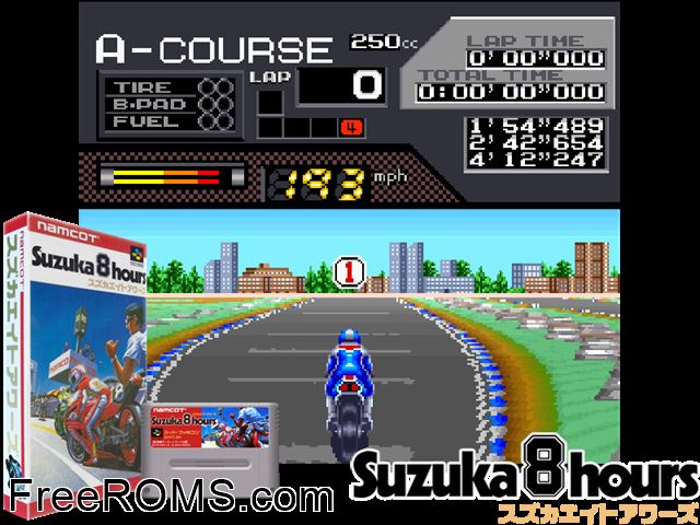 Suzuka 8 Hours SNES game showing 3D box cover and gameplay screenshot