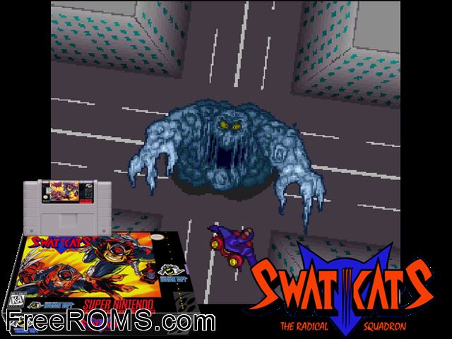 SWAT Kats - The Radical Squadron SNES game showing 3D box cover and gameplay screenshot