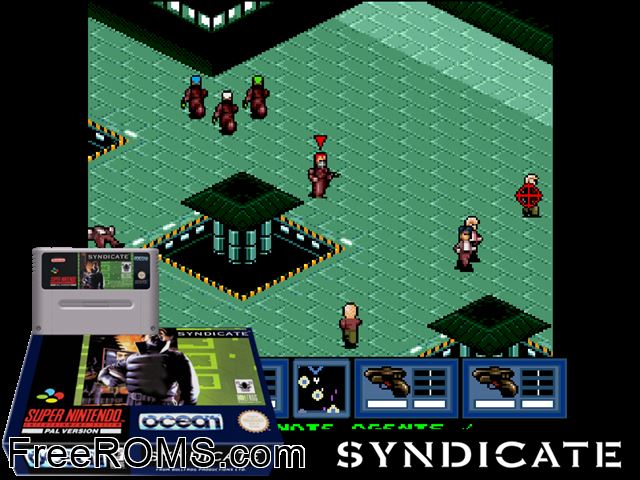 Syndicate SNES game showing 3D box cover and gameplay screenshot