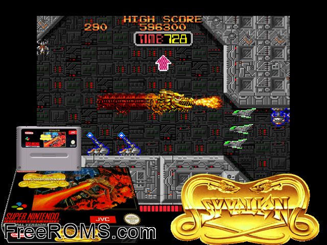 Syvalion SNES game showing 3D box cover and gameplay screenshot