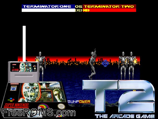 T2 - The Arcade Game SNES game showing 3D box cover and gameplay screenshot