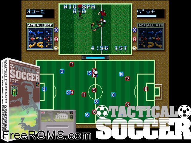 Tactical Soccer SNES game showing 3D box cover and gameplay screenshot