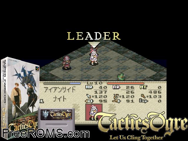 Tactics Ogre - Let Us Cling Together SNES game showing 3D box cover and gameplay screenshot