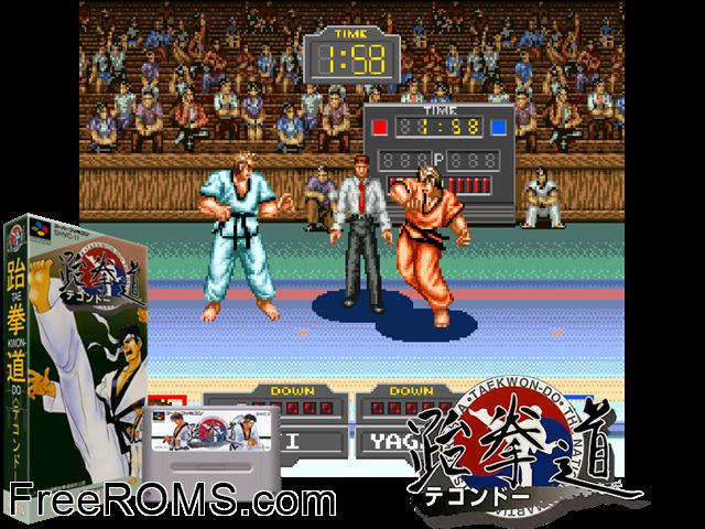 Taekwon-Do SNES game showing 3D box cover and gameplay screenshot