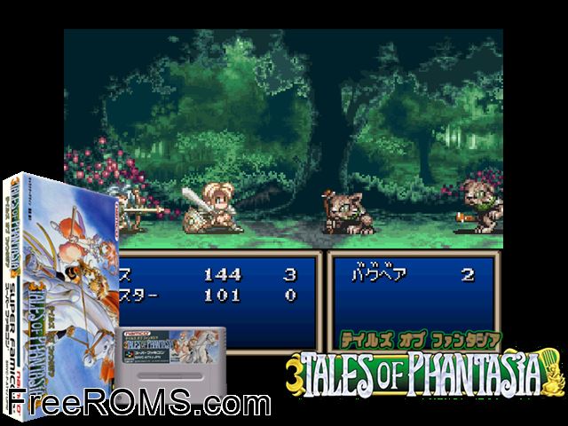 Tales of Phantasia SNES game showing 3D box cover and gameplay screenshot