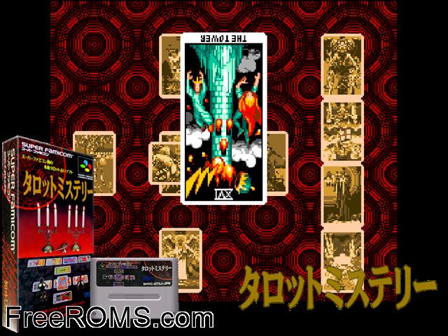 Tarot Mystery SNES game showing 3D box cover and gameplay screenshot