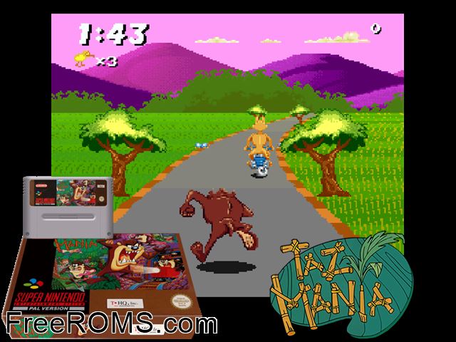 Taz-Mania SNES game showing 3D box cover and gameplay screenshot