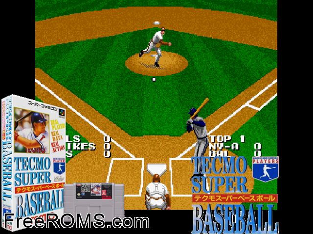 Tecmo Super Baseball SNES game showing 3D box cover and gameplay screenshot
