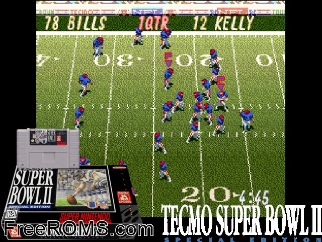 Tecmo Super Bowl II - Special Edition SNES game showing 3D box cover and gameplay screenshot
