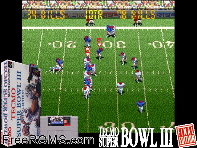 Tecmo Super Bowl III - Final Edition SNES game showing 3D box cover and gameplay screenshot