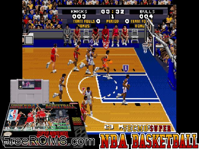 Tecmo Super NBA Basketball SNES game showing 3D box cover and gameplay screenshot
