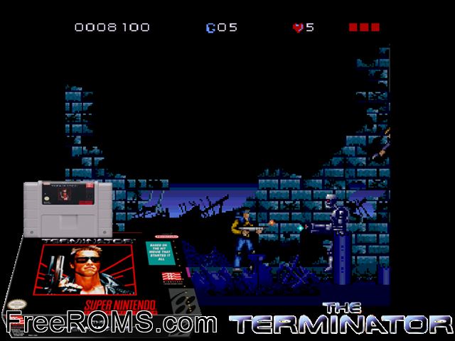 Terminator, The SNES game showing 3D box cover and gameplay screenshot