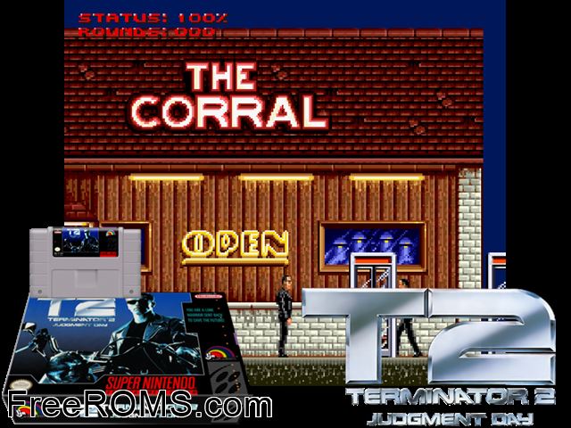 Terminator 2 - Judgment Day SNES game showing 3D box cover and gameplay screenshot