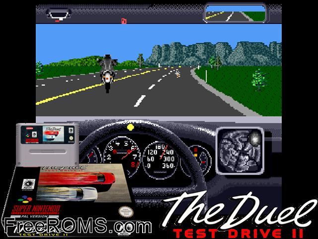 Test Drive II - The Duel SNES game showing 3D box cover and gameplay screenshot